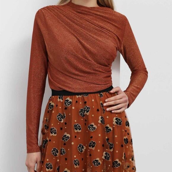 ChicWish Lurex Draped Asymmetrical Long Sleeve Top in Metallic Orange size Large - Picture 10 of 10